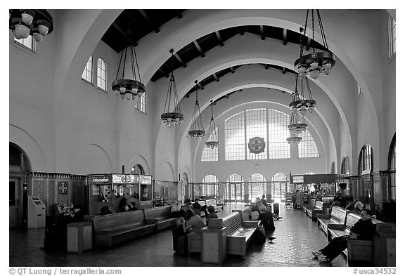 Vaulted ceiling,  waiting room of Santa Fe Depot. San Diego, California, USA (black and white)