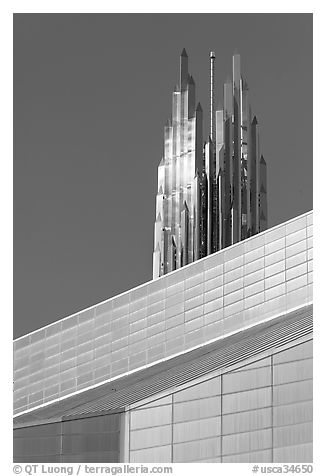 Detail of Bell Tower and Crystal Cathedral. Garden Grove, Orange County, California, USA (black and white)