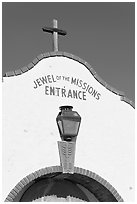 Entrance with sign Jewel of the Missions. San Juan Capistrano, Orange County, California, USA ( black and white)