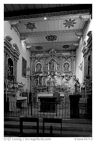 Altar and retablo from Barcelona in the Serra Chapel. San Juan Capistrano, Orange County, California, USA