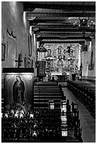 Inside of original mission chapel, constructed in 1782. San Juan Capistrano, Orange County, California, USA ( black and white)