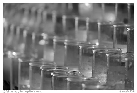 Rows of candles, narrow depth of field. San Juan Capistrano, Orange County, California, USA (black and white)