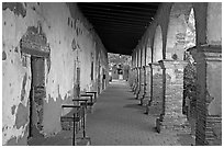 Corridor around the central courtyard. San Juan Capistrano, Orange County, California, USA (black and white)
