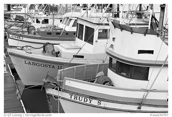 Close-up of colorful fishing boats. Morro Bay, USA (black and white)