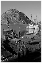 Dredge boat and Morro Rock. Morro Bay, USA (black and white)
