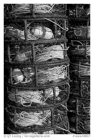 Crab traps close-up. Morro Bay, USA (black and white)