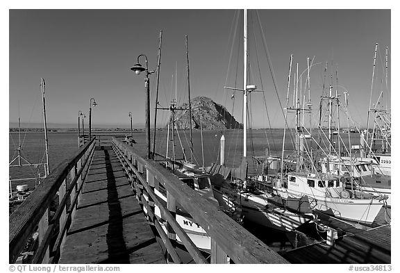 Deck, harbor, and Morro Rock. Morro Bay, USA (black and white)