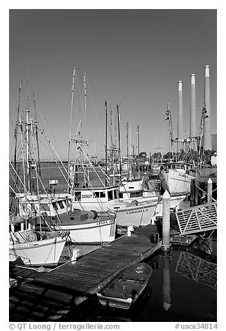 Fishing boats and power plant. Morro Bay, USA (black and white)