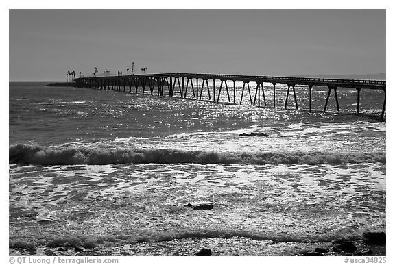 Pier and Rincon island. California, USA (black and white)