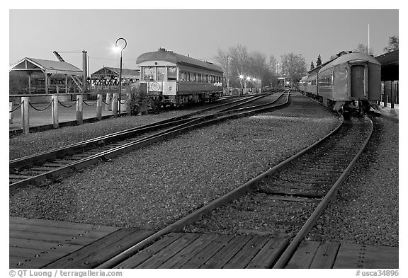 Railroad tracks and cars, Old Sacramento. Sacramento, California, USA (black and white)