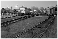 Railroad tracks and cars, Old Sacramento. Sacramento, California, USA ( black and white)