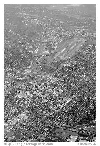 Aerial view of downtown and international airport. San Jose, California, USA (black and white)