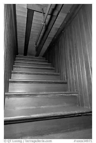 Staircase leading to closed ceiling. Winchester Mystery House, San Jose, California, USA (black and white)