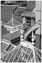 Roofs of some of the 160 rooms. Winchester Mystery House, San Jose, California, USA (black and white)
