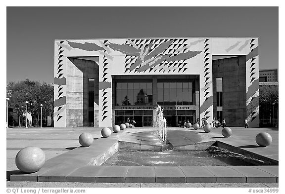 San Jose McEnery convention center with fountain in 2006. San Jose, California, USA (black and white)