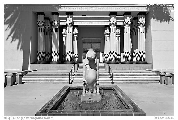 Statue of hippopotamus Taweret and  Rosicrucian Museum. San Jose, California, USA (black and white)