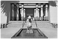 Statue of hippopotamus Taweret and  Rosicrucian Museum. San Jose, California, USA (black and white)