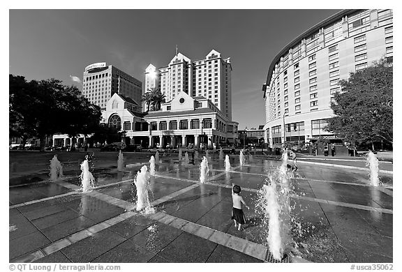 Plaza de Cesar Chavez, late afternoon. San Jose, California, USA (black and white)