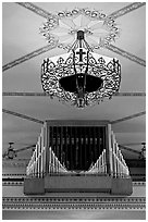 Organ and lamp, Mission Santa Clara de Asis. Santa Clara,  California, USA (black and white)