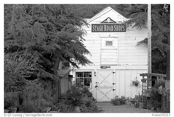 White-facaded store tucked in trees, Pescadero. San Mateo County, California, USA (black and white)