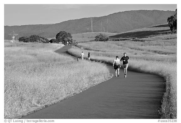 People jogging on trail in the foothills. Stanford University, California, USA (black and white)