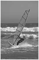 Windsurer leaning back, Waddell Creek Beach. California, USA (black and white)