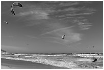 Kite surfers and coastline, Waddell Creek Beach. California, USA (black and white)