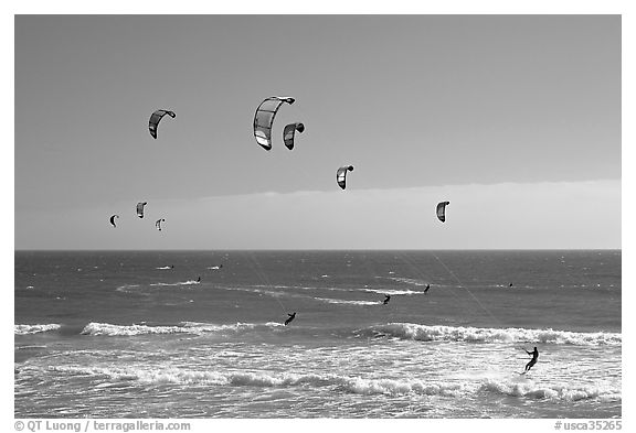 Group of kitesurfers, Waddell Creek Beach. California, USA (black and white)