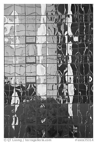 Reflections in a high-rise glass building. Los Angeles, California, USA (black and white)