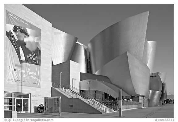 LA Philarmonic sign and concert hall, early morning. Los Angeles, California, USA (black and white)