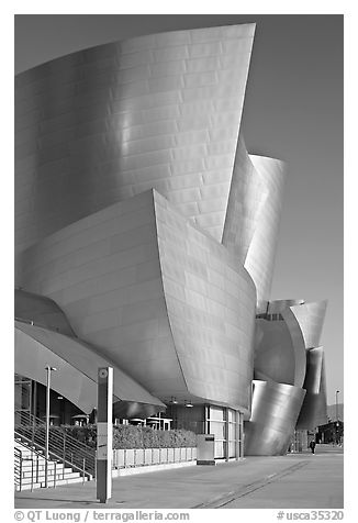 Silvery architecture of the Walt Disney Concert Hall, early morning. Los Angeles, California, USA (black and white)