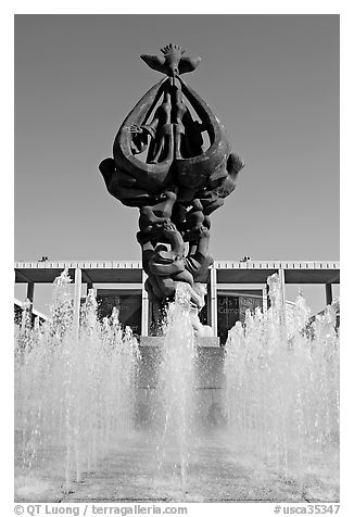 Fountain dedicated to world peace, Music Center. Los Angeles, California, USA (black and white)