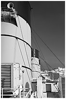 Smokestacks and air vents, Queen Mary. Long Beach, Los Angeles, California, USA (black and white)