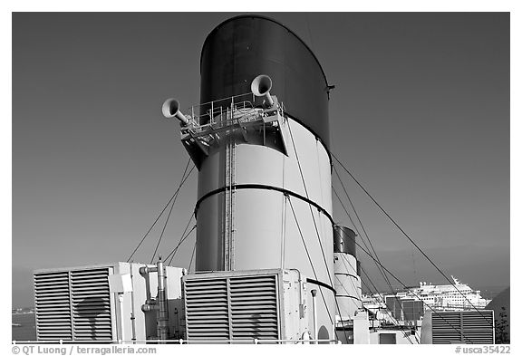 Chimneys and air input grids on the Queen Mary liner. Long Beach, Los Angeles, California, USA (black and white)