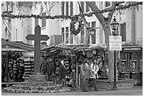 Stalls on Olvera Street, El Pueblo historic district. Los Angeles, California, USA (black and white)