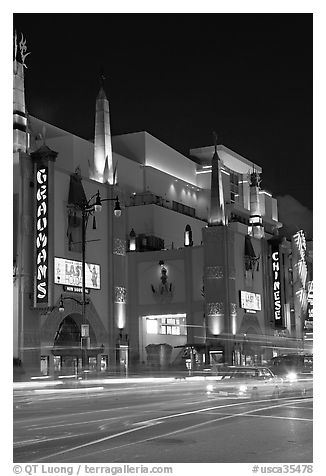 Grauman Chinese Theater at night. Hollywood, Los Angeles, California, USA (black and white)