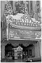 Spanish colonial facade of the El Capitan theatre. Hollywood, Los Angeles, California, USA (black and white)