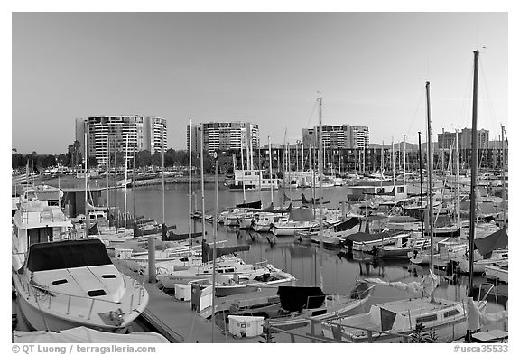 Yachts and appartment buildings at sunrise. Marina Del Rey, Los Angeles, California, USA