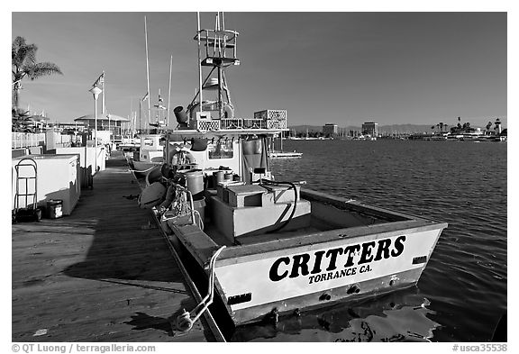 Fishing boat and deck. Marina Del Rey, Los Angeles, California, USA (black and white)