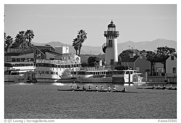 Rowers and fishing village, morning. Marina Del Rey, Los Angeles, California, USA (black and white)
