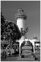 Fishermans village sign and lighthouse. Marina Del Rey, Los Angeles, California, USA (black and white)