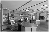 Hexagonally shaped desks in library, Hanna House. Stanford University, California, USA (black and white)