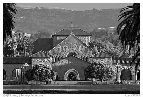 Memorial Church, main Quad, and foothills. Stanford University, California, USA (black and white)