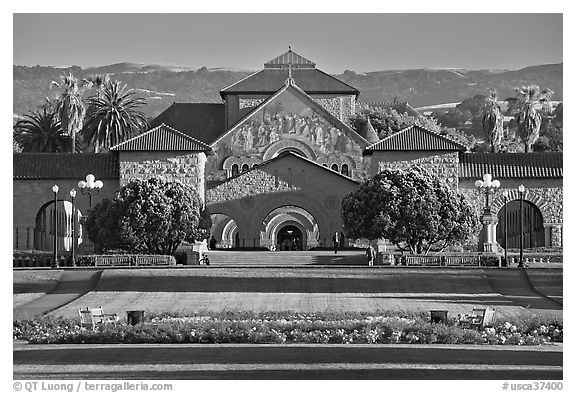 Lawn, main Quad, and Memorial Chapel. Stanford University, California, USA (black and white)