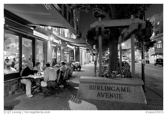 Burlingame Avenue at night. Burlingame,  California, USA (black and white)