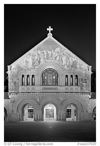Memorial Church facade at night. Stanford University, California, USA (black and white)