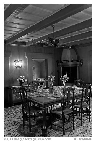 Dining room and dining table, Vikingsholm, Lake Tahoe, California. USA (black and white)
