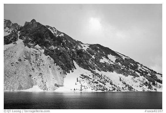 Peak with fresh snow, Ellery Lake. California, USA (black and white)