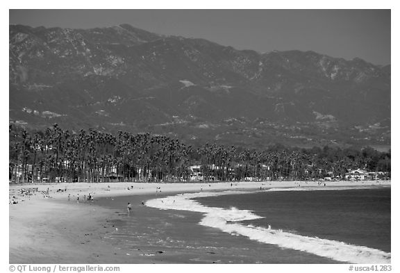 East Beach and mountains. Santa Barbara, California, USA (black and white)