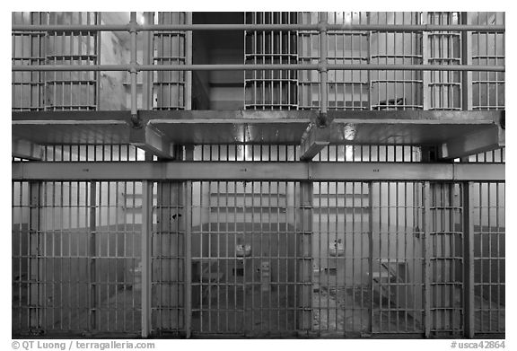 Prison cells, Alcatraz Penitentiary interior. San Francisco, California, USA (black and white)